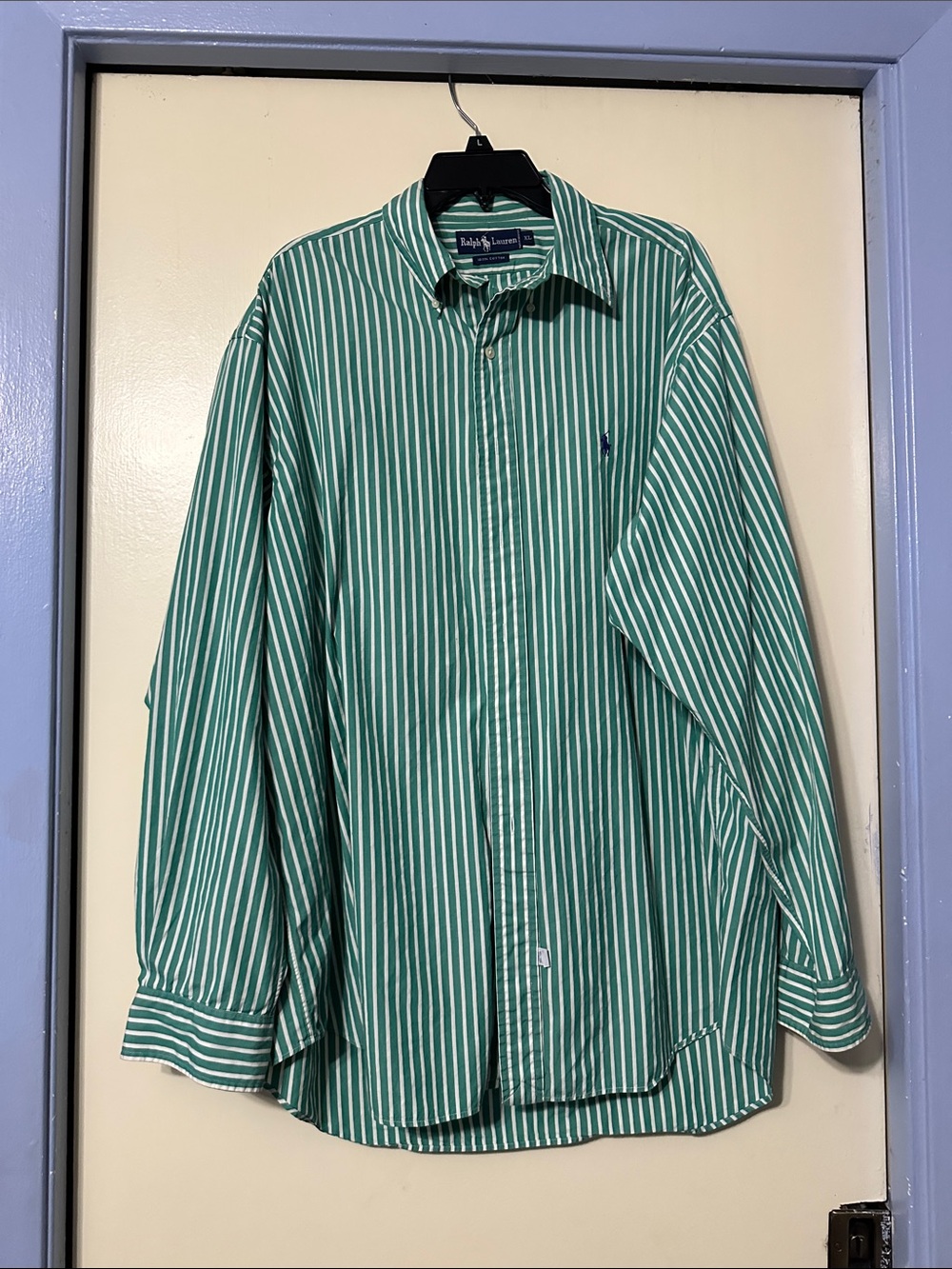 Ralph Lauren Green and White Vertical Stripe Button-Up Shirt